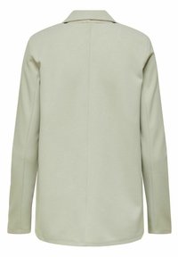 Lichtgroene blazer met lange mouwen; gladde textuur, notch-kraag en rechte snit met minimale details. Heeft een eenvoudig, strak achterontwerp.