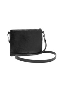 Czarna skórzana torba na ramię o gładkiej fakturze, z zamknięciem na zamek błyskawiczny i regulowanym paskiem. Posiada minimalistyczny design i subtelne logo.