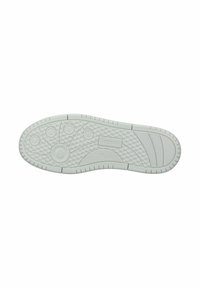 Suola in gomma bianca con motivi testurizzati, accenti circolari e un logo. Il design presenta elementi di grip distintivi per la trazione.