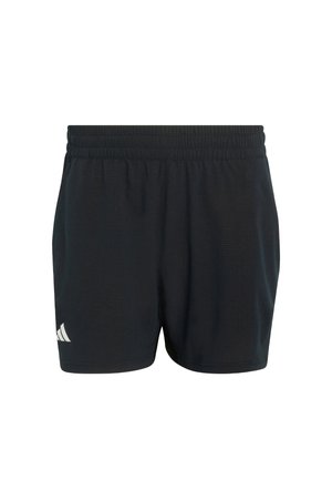 Černé sportovní kraťasy s elastickým pasem, vyrobené z lehkého materiálu, se strukturovaným vzorem a bílým logem v dolním levém rohu.