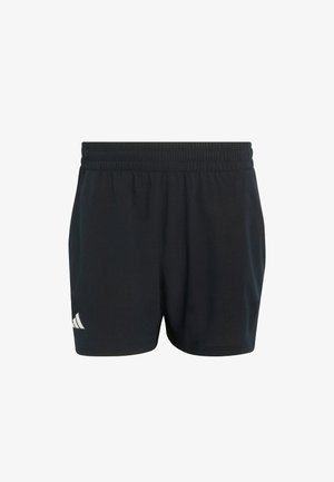 Black athletic shorts with an elastic waistband, made from lightweight fabric, featuring a textured pattern and a white logo on the lower left.