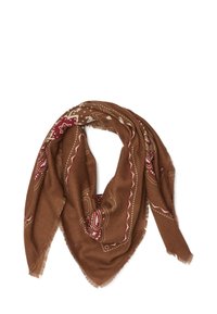 Sciarpa marrone con un intricato motivo paisley bianco e burgundy, rifinita con bordi frangiati. Realizzata in tessuto morbido, progettata per cadere elegantemente.