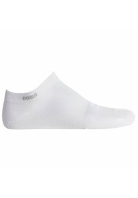 Weiße, knöchelhohe Socken aus glattem Stoff, mit einem grauen Logo und einer nahtlosen Zehenpartie für zusätzlichen Komfort. Das Design betont eine minimale Sichtbarkeit.