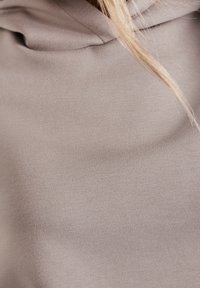 Felpa con cappuccio in morbido tessuto taupe con texture liscia e design minimalista. Presenta una scollatura sottile e nessun motivo o accento evidente.
