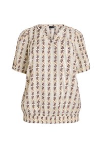 Floral-patterned short-sleeve blouse in cream, featuring vertical stripes in pastel yellow and purple, with a V-neck and elasticated hem.