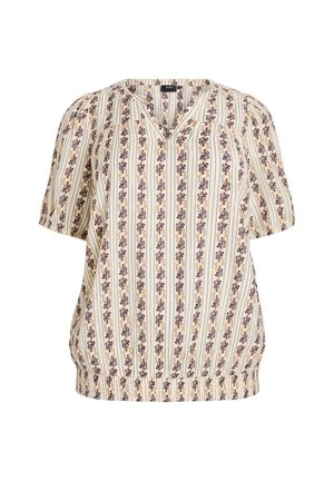 Lyhythihainen kukkakuosiseläinen blouse kermaisen värissä, jossa on pystysuorat raidat vaaleankeltaisena ja purppurana, V-pääntiellä ja elastisella helmalla.