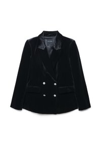 Schwarzer Samtblazer mit steigenden Revers, doppelter Knopfleiste, zwei vorderen Taschen und fünf dekorativen silbernen Knöpfen auf der Vorderseite.