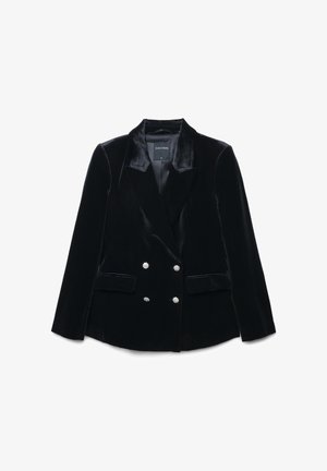 Blazer en velours noir avec revers en pointe, design croisé, deux poches avant et cinq boutons décoratifs en argent à l'avant.