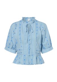 Blauwe, kortgelsorte blouse met een franjehals, knoopsluiting aan de voorkant en geborduurde ontwerpen in donkerblauw. Peplumzoom detail.