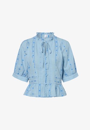 Blauwe, kortgelsorte blouse met een franjehals, knoopsluiting aan de voorkant en geborduurde ontwerpen in donkerblauw. Peplumzoom detail.