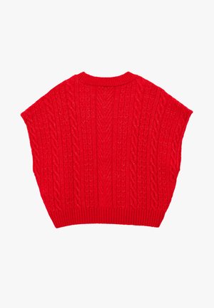 Poncho de punto rojo con un patrón de trenzas texturizado, que presenta un escote redondeado y mangas anchas. Fabricado con hilo suave y grueso.
