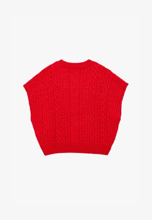 Poncho de punto rojo con un patrón de trenzas texturizado, que presenta un escote redondeado y mangas anchas. Fabricado con hilo suave y grueso.