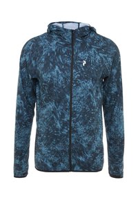 Veste à capuche présentant un motif abstrait bleu, confectionnée dans un tissu léger, avec une fermeture éclair intégrale à l'avant et des poignets élastiques.