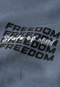 Sinine kangas, millel on julge must tekst, mis korduvalt ütleb "VABADUS", ning valge kahandatud fraas "Mõtteviis". Sujuv tekstuur.