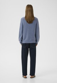 Helles, flauschiges blaue Sweatshirt mit langen Ärmeln, kombiniert mit dunkelblaue weite Jeans. Rückansicht, mit geraden Nähten und einem schlichten Design.