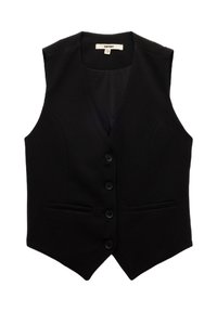 Schwarze ärmellose Weste aus strukturiertem Stoff, mit V-Ausschnitt, fünf Vorderknöpfen und zwei Seitentaschen. Minimalistisches Design mit klaren Linien.