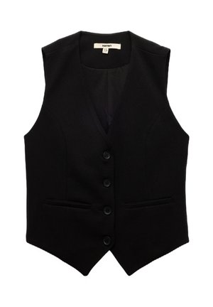 Zwarte mouwloze vest gemaakt van gestructureerde stof, met een V-hals, vijf knopen aan de voorkant en twee zijzakken. Minimalistisch ontwerp met strakke lijnen.