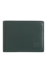 Portafoglio in pelle verde scuro con texture liscia, forma rettangolare e dettaglio di logo impresso nell'angolo inferiore. Cuciture ordinate visibili lungo i bordi.