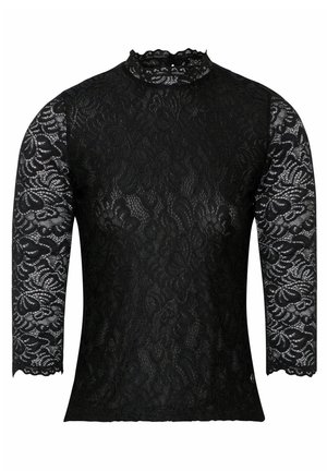 Zwarte kanten top met lange mouwen en een hoge hals, voorzien van ingewikkelde bloemenpatronen, gegolfde randen en een slim fit ontwerp.