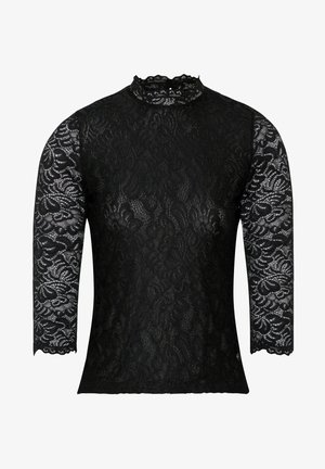 Schwarzspitzen Langarmoberteil mit Stehkragen, das mit detaillierten Blumenmustern, gewellten Kanten und einem schmalen Schnitt ausgestattet ist.
