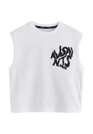 Haut court blanc sans manches avec logo noir ondulé "AllSaints London" imprimé en haut à gauche de la poitrine.