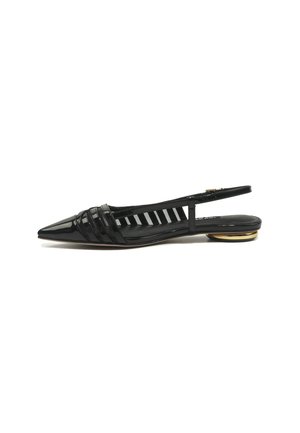 Glossy black pointed slingback flat shoe with multiple straps over the toe and a gold-accented low heel.