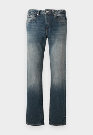 Blauwe spijkerbroeken van denim met een klassieke rechte snit, voorzien van een vervaagde wasbeurt, vijf zakken en een knoopsluiting. Fijne stikseldetails.