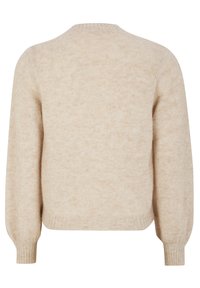 Pull beige en mélange de laine à manches longues avec poignets, ourlet et encolure ras du cou côtelés, vu de dos.