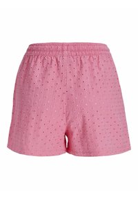 Rožiniai šortai, pagaminti iš tekstūruoto audinio su raštuotu dizainu, su elastinga juosta ir mažais dekoratyviniais skylutėmis visame paviršiuje.