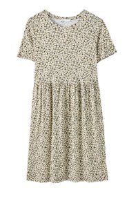 Robe à manches courtes en tissu doux avec un motif floral vert et blanc, dotée d'un col rond et d'une taille cintrée.