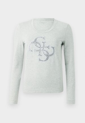 Svetlošedá dlhá rukávová košeľa vyrobená z mäkkej tkaniny, s metallickým strieborným logo dizajnom vpredu, s okrúhlym výstrihom a priliehavými rukávmi.