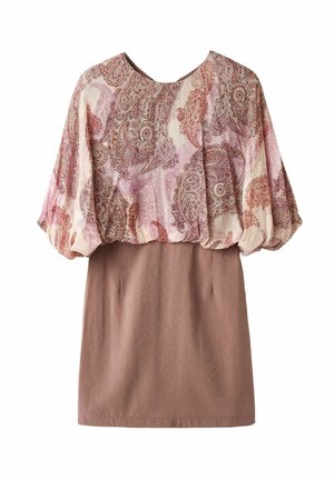 Vestido corto con mangas largas abullonadas que presentan patrones de cachemira en rosa y marrón, y una falda lisa de color marrón claro.