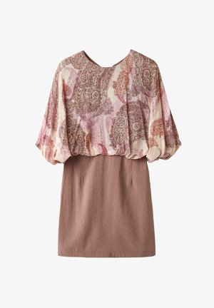 Vestido corto con mangas largas abullonadas que presentan patrones de cachemira en rosa y marrón, y una falda lisa de color marrón claro.