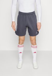 Grijze sportshorts met een elastische tailleband en zijkanten. Draagend met witte sokken met rode strepen en witte voetbalschoenen.