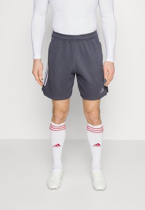 Graue Sportshorts mit elastischem Taillengummi und seitlichen Streifen. Getragen mit weißen Socken mit roten Streifen und weißen Fußballschuhen.