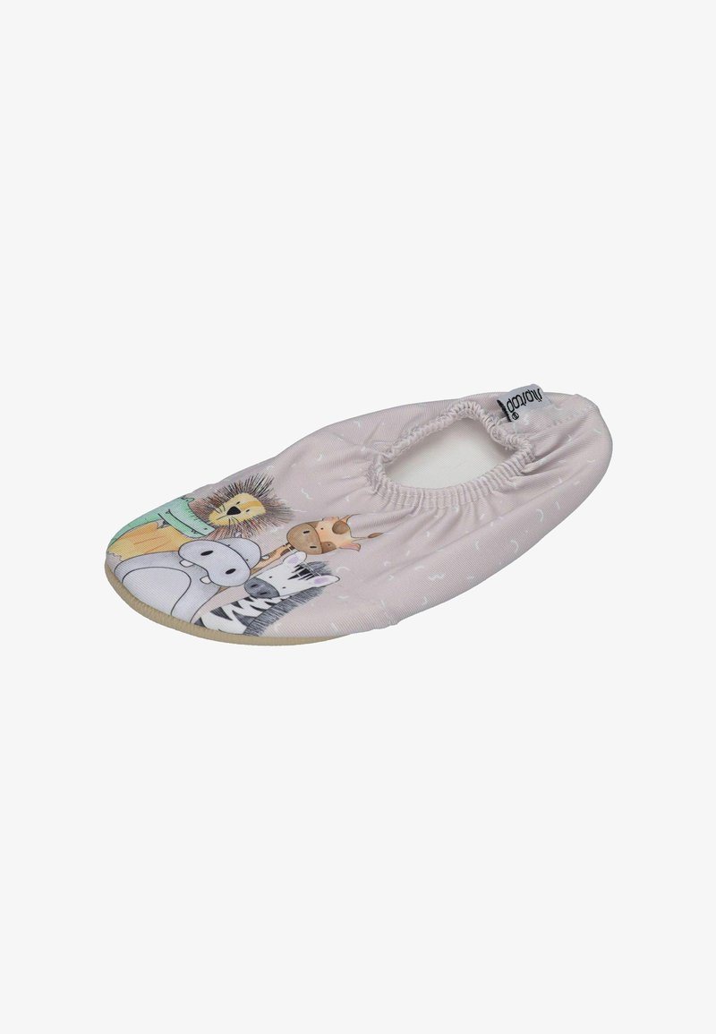 Light pink slipper made of soft fabric, featuring cute animal illustrations and an elasticized opening. The sole is flat and textured.