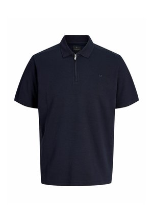 Polo a maniche corte blu navy con colletto e una corta cerniera frontale, con un piccolo logo sul petto sul lato sinistro.