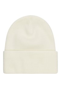 Pletená čiapka v off-white farbe, so sklopným lemom a hladkou textúrou. Minimalistický dizajn bez viditeľných vzorov alebo kovania.
