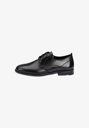 Chaussure habillée en cuir noir avec un dessus texturé comportant des détails perforés. Fini lisse, design à lacets et semelle plate en caoutchouc.