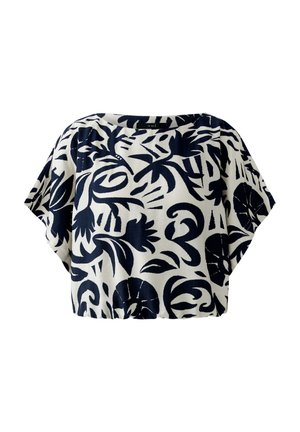 Witte blouse met korte mouwen en een losse pasvorm, met opvallende zwarte abstracte bloemen- en bladmotieven.