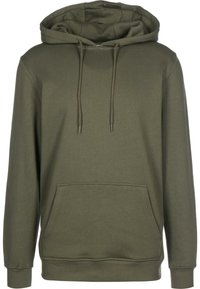 Felpa con cappuccio verde oliva in tessuto morbido, caratterizzata da una tasca frontale, coulisse regolabile e polsini e orlo a costine.