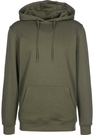 Sweat à capuche vert olive en tissu doux, avec une poche avant, des cordons de serrage ajustables et des poignets et un ourlet côtelés.