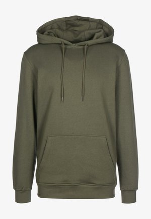 Olivno zelena kapuca iz mehke tkanine, z sprednjim žepom, nastavljivimi vrvicami in rebrastimi manšetami ter robom.