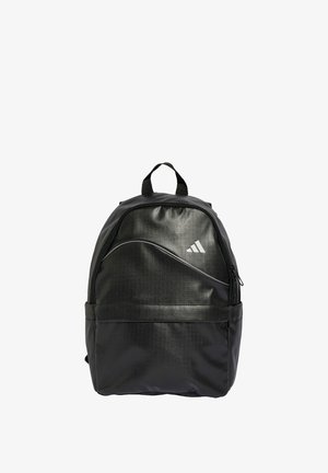 Black Adidas backpack with a front zip pocket, top handle, and white Adidas logo on the upper front section.