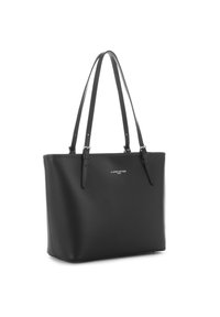 Sac fourre-tout synthétique noir avec texture lisse, deux longues poignées et accent logo argenté à l'avant, arborant une forme rectangulaire structurée.