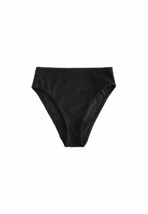 Čierny bikini spodný diel s vysokým pásom z textúrovaného materiálu a hladkým vnútorným zateplením, zobrazený na bielom pozadí.