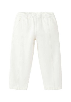 Pantaloni bianchi con vita elastica, tasche frontali e dettagli delle cuciture verticali, progettati per un utilizzo comodo e casual.