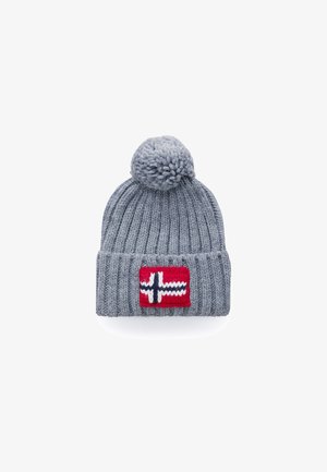 Gray knitted winter hat with pom-pom and folded cuff featuring a red patch with the Norwegian flag design.