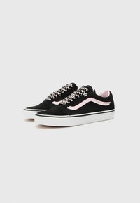 Black suede sneakers with pink accents, featuring rubber soles, a distinctive checkerboard lacing design, and padded pink interior.