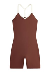 Body marron sans manches avec bordure blanche et bretelles fines formant un style dos nageur.